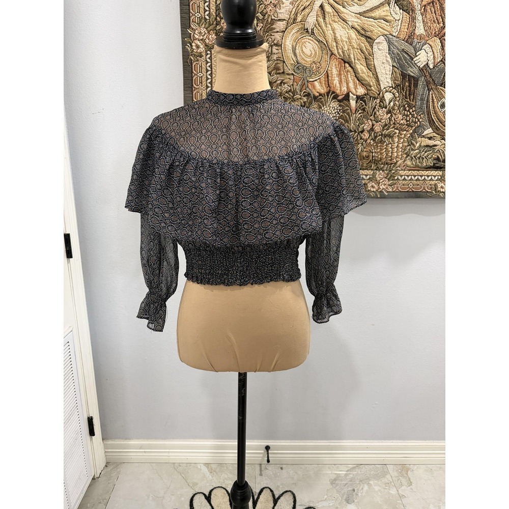 Zara Blouse Womens‎ Small Sheer Metallic Ruffle Smocked Crop Top Long Sleeve